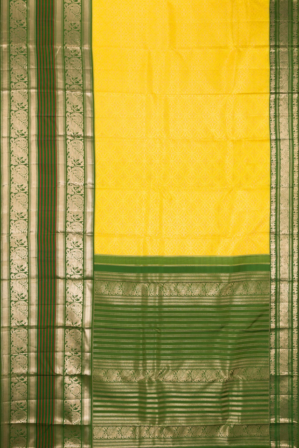 Flat view of Pure Silk Lemon Yellow Kanchipuram Saree with Zari Brocade on the body and Fancy Border. 
