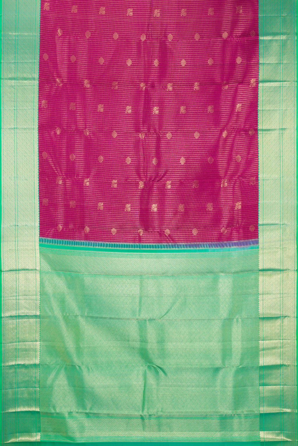 Flat view of Pure Silk Dark Pink Kanjivaram Saree with Zari Brocade on the body and Zari Border. 