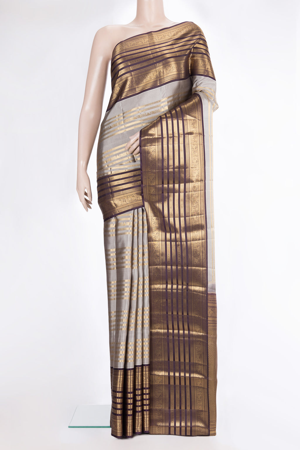 Pure Silk Grey Kanjivaram Saree with Stripes on the body and Fancy Border.  displayed on a mannequin