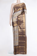 Pure Silk Grey Kanjivaram Saree with Stripes on the body and Fancy Border.  displayed on a mannequin