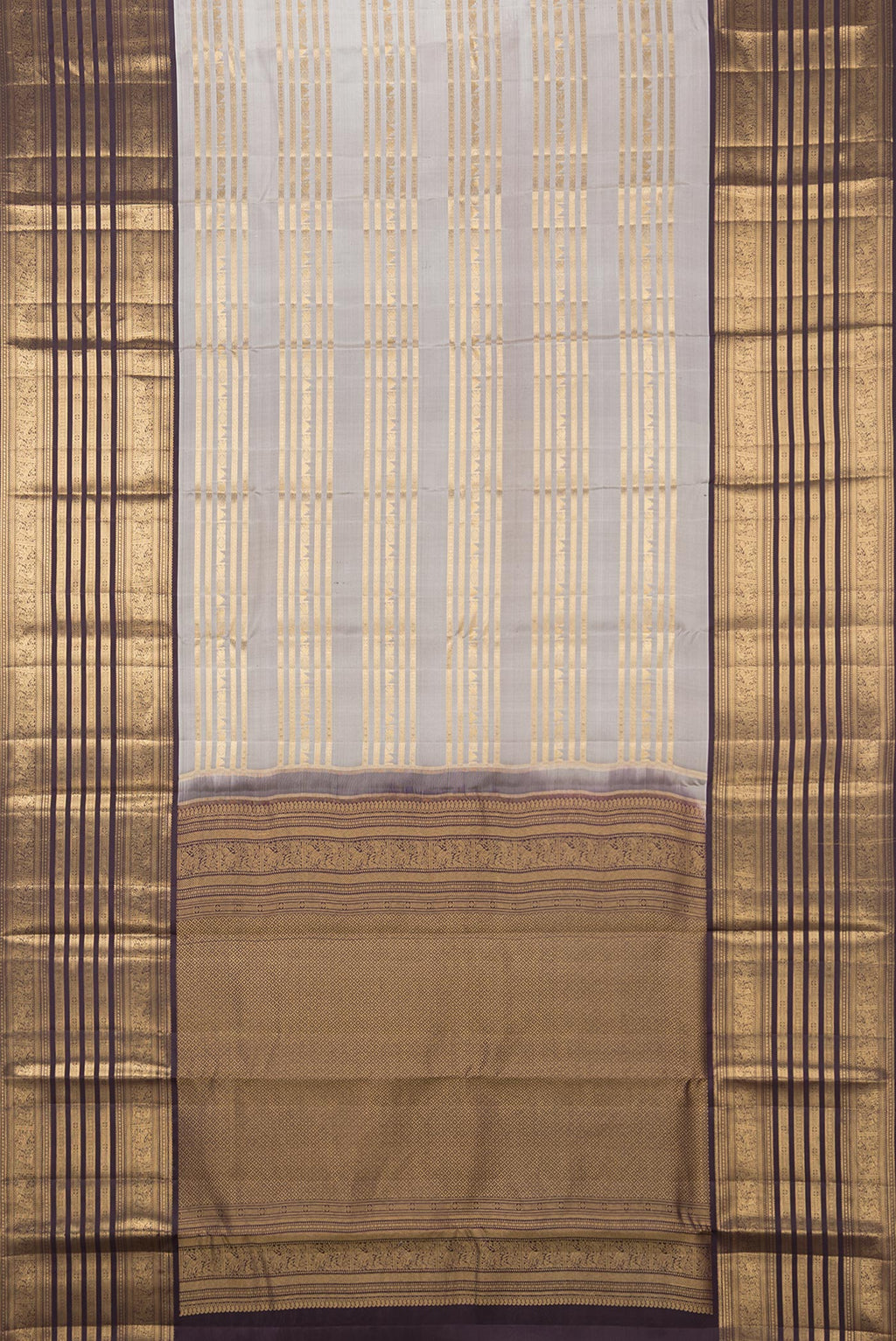 Flat view of Pure Silk Grey Kanjivaram Saree with Stripes on the body and Fancy Border. 