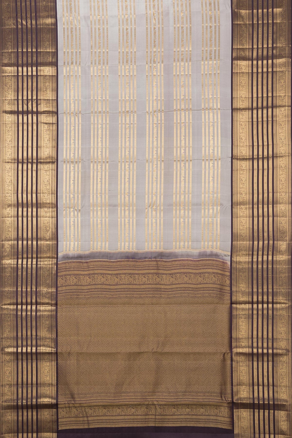 Flat view of Pure Silk Grey Kanjivaram Saree with Stripes on the body and Fancy Border. 