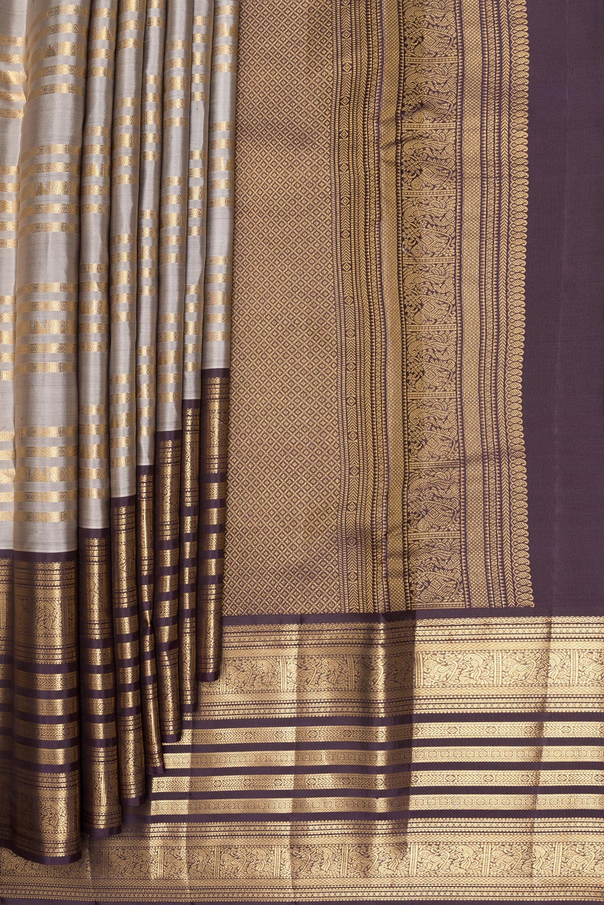 Pleats and pallu of Pure Silk Grey Kanjivaram Saree with Stripes on the body and Fancy Border. 
