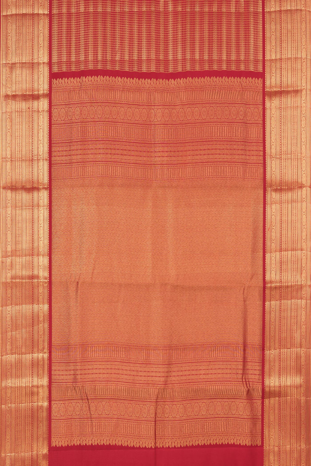 Flat view of Pure Silk Red Kanjivaram Saree with Zari Brocade on the body and Fancy Border. 