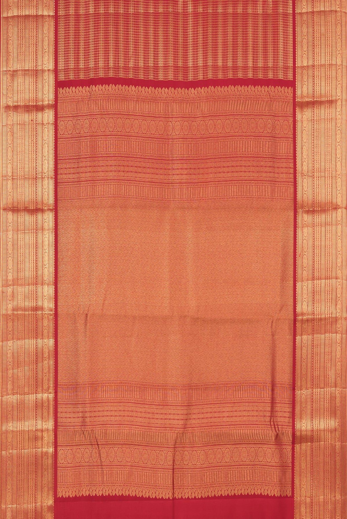 Flat view of Pure Silk Red Kanjivaram Saree with Zari Brocade on the body and Fancy Border. 