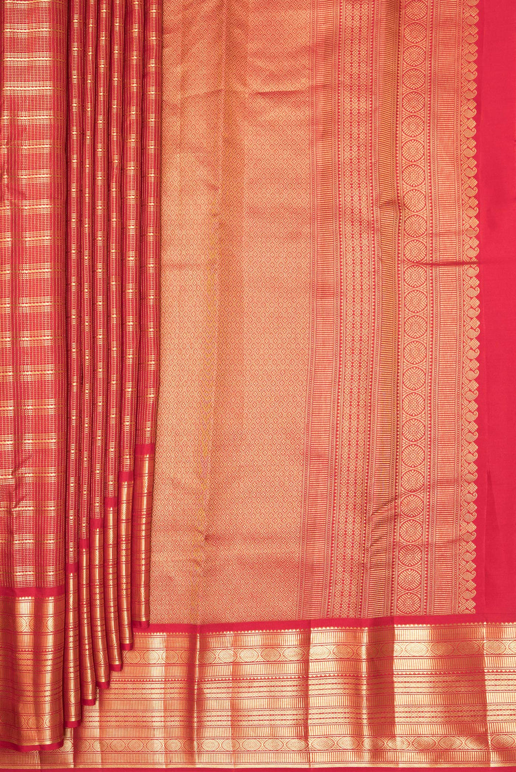 Pleats and pallu of Pure Silk Red Kanjivaram Saree with Zari Brocade on the body and Fancy Border. 