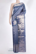 Pure Silk Peacock Blue Dual Tone Kanchipuram Saree with Zari Brocade on the body and Zari Border.  displayed on a mannequin