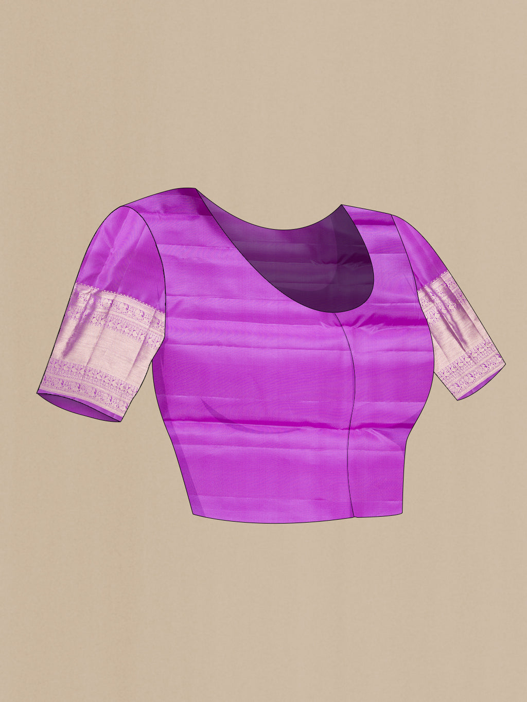 Close up image of the blouse of Pure Silk Lavender Kanchipuram Saree with Zari Brocade on the body and Zari Border. 