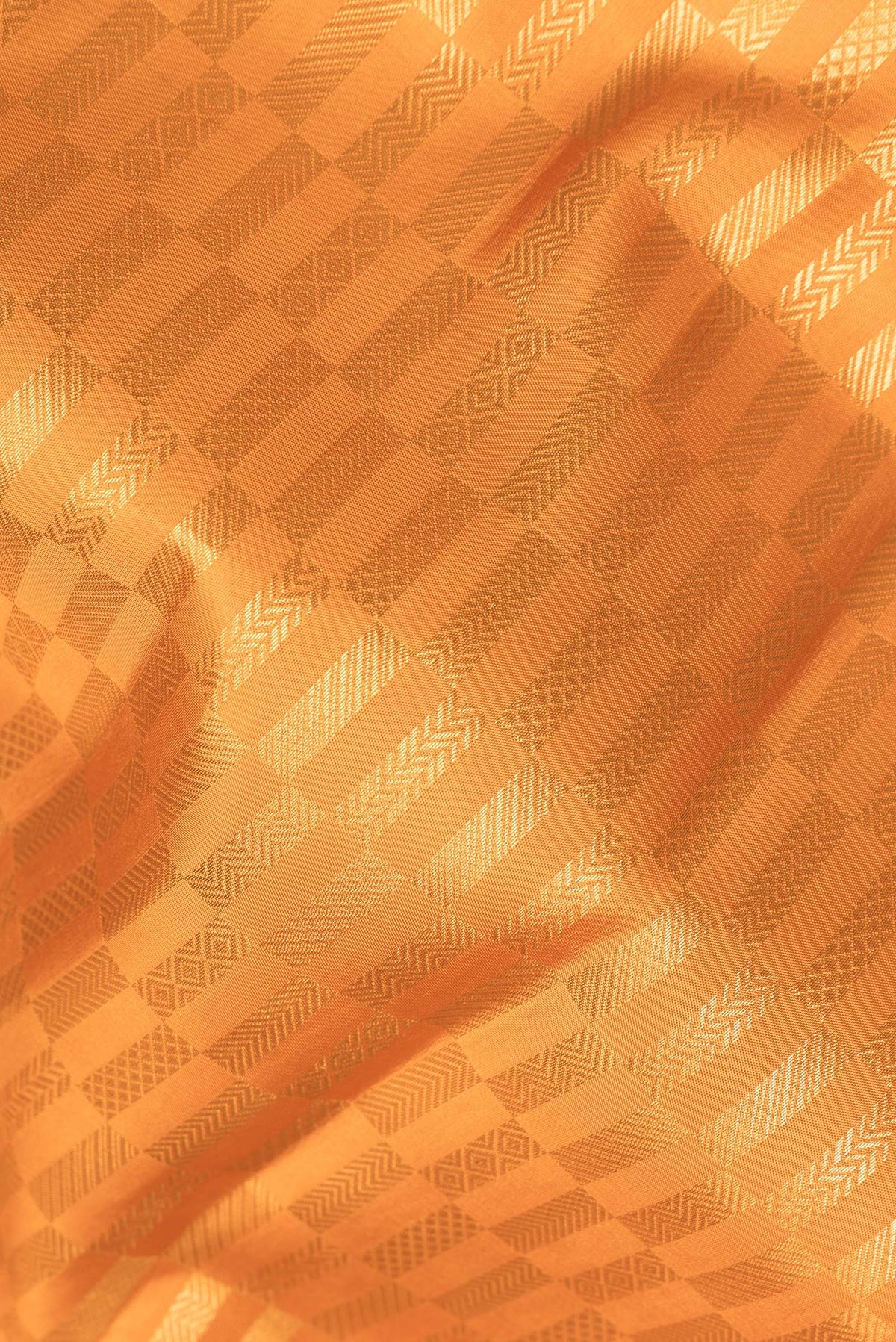 Close up of Pure Silk Mustard Kanjivaram Saree with Zari Brocade on the body and Zari Border.  displaying folds