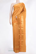 Pure Silk Mustard Kanjivaram Saree with Zari Brocade on the body and Zari Border.  displayed on a mannequin