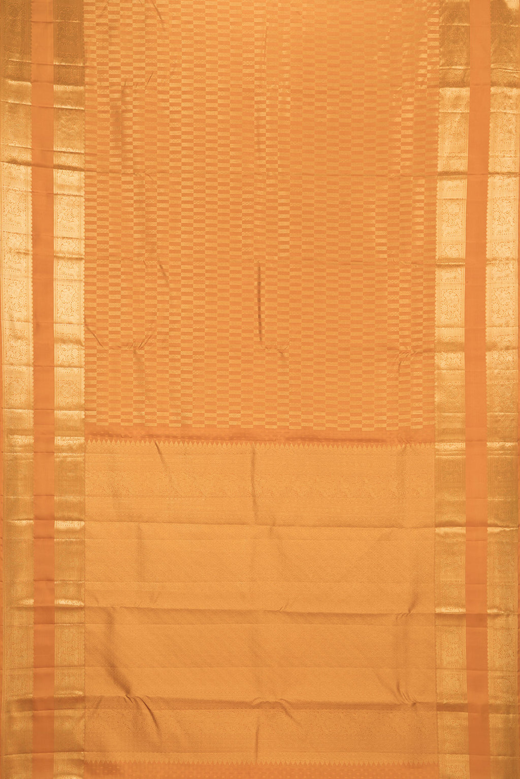Flat view of Pure Silk Mustard Kanjivaram Saree with Zari Brocade on the body and Zari Border. 