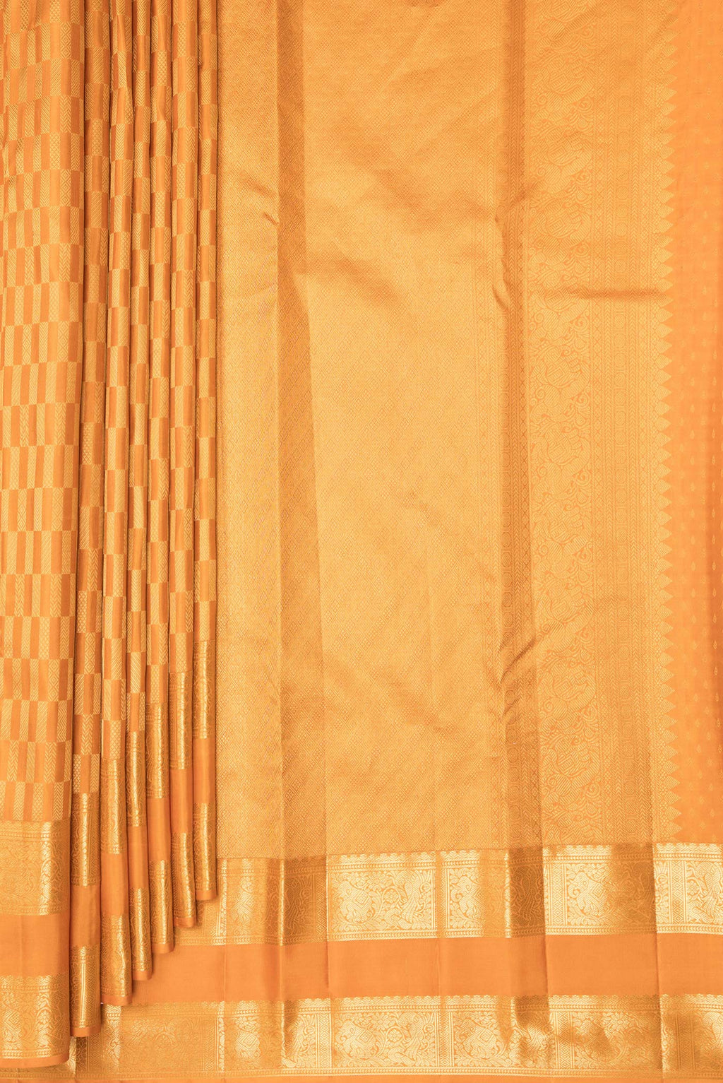 Pleats and pallu of Pure Silk Mustard Kanjivaram Saree with Zari Brocade on the body and Zari Border. 