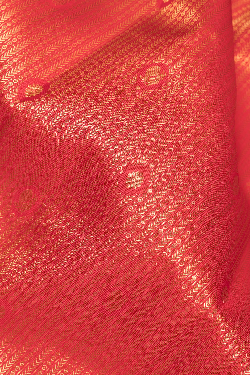 Close up of Pure Silk Red Kanjivaram Saree with Zari Brocade on the body and Zari Border.  displaying folds