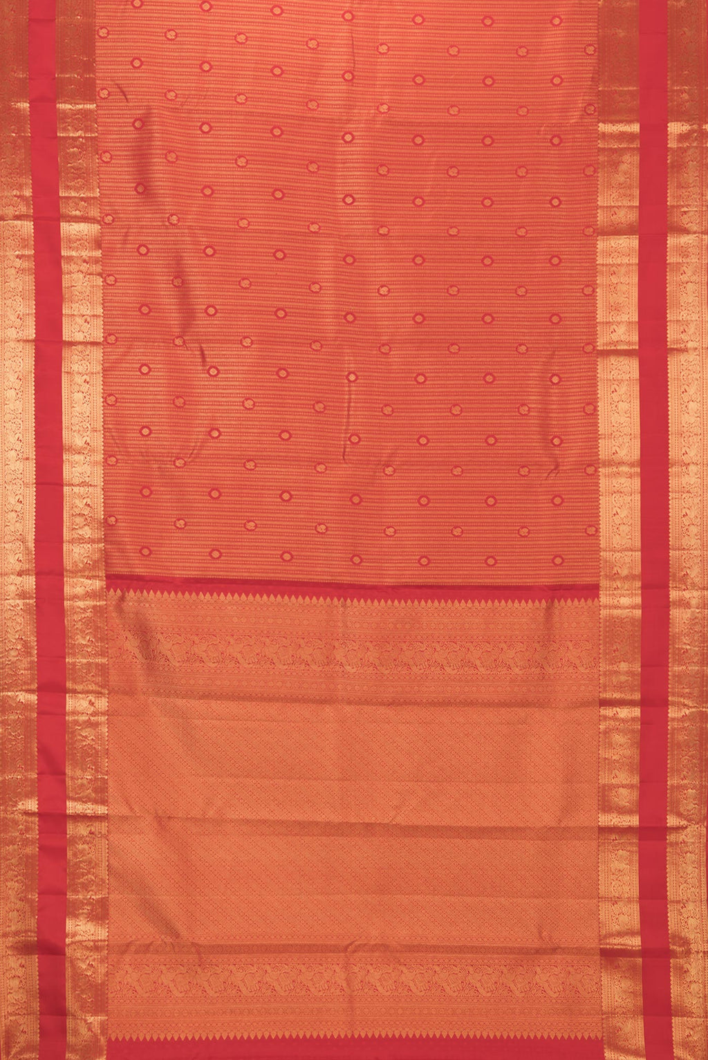 Flat view of Pure Silk Red Kanjivaram Saree with Zari Brocade on the body and Zari Border. 