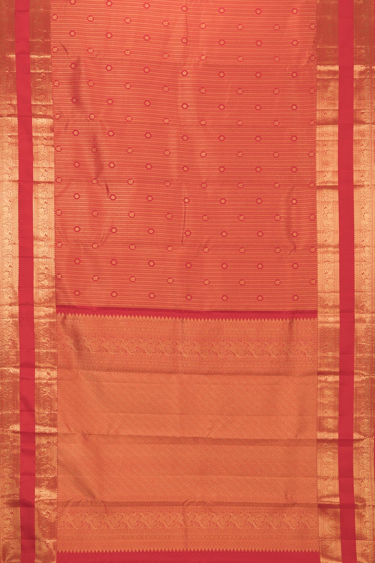 Flat view of Pure Silk Red Kanjivaram Saree with Zari Brocade on the body and Zari Border. 