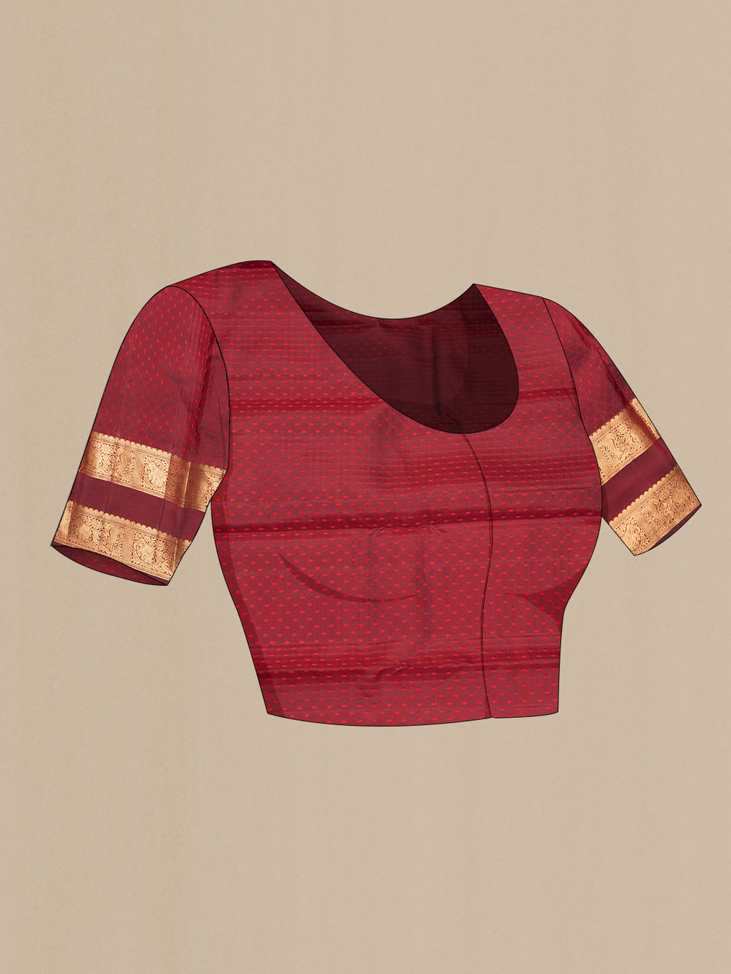Close up image of the blouse of Pure Silk Maroon Kanjivaram Saree with Zari Brocade on the body and Zari Border. 