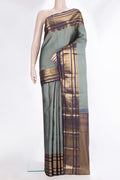 Pure Silk Grey Kanjivaram Saree with Checked design on the body and Zari Border.  displayed on a mannequin