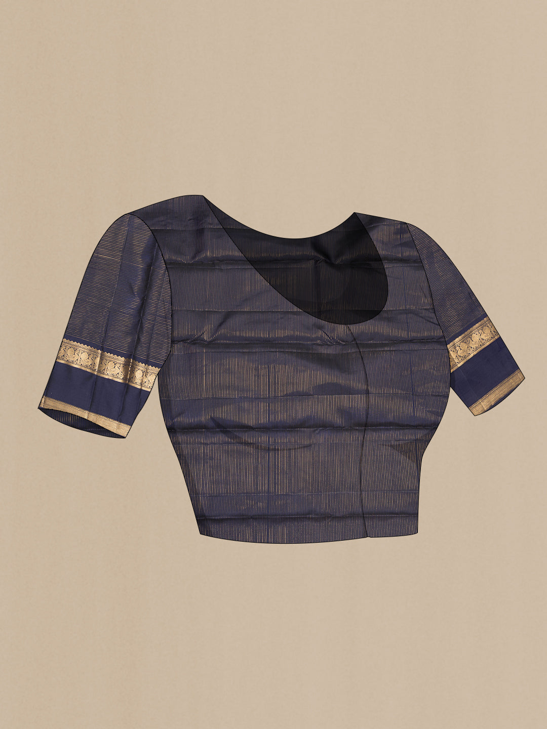 Close up image of the blouse of Pure Silk Rust Kanjivaram Saree with Checked design on the body and Zari Border. 