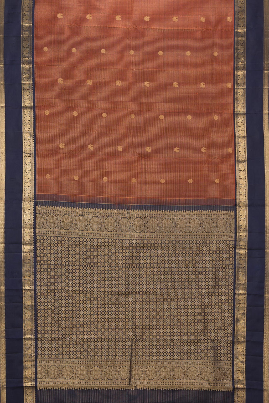 Flat view of Pure Silk Rust Kanjivaram Saree with Checked design on the body and Zari Border. 