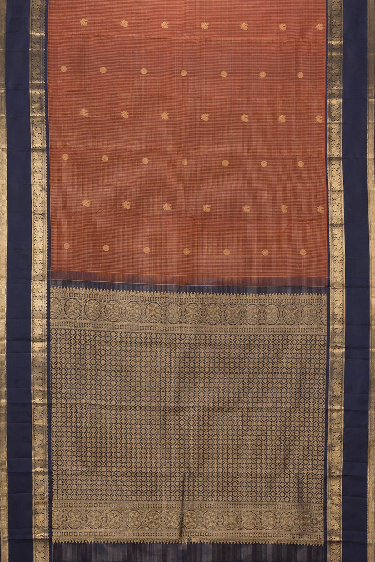 Flat view of Pure Silk Rust Kanjivaram Saree with Checked design on the body and Zari Border. 