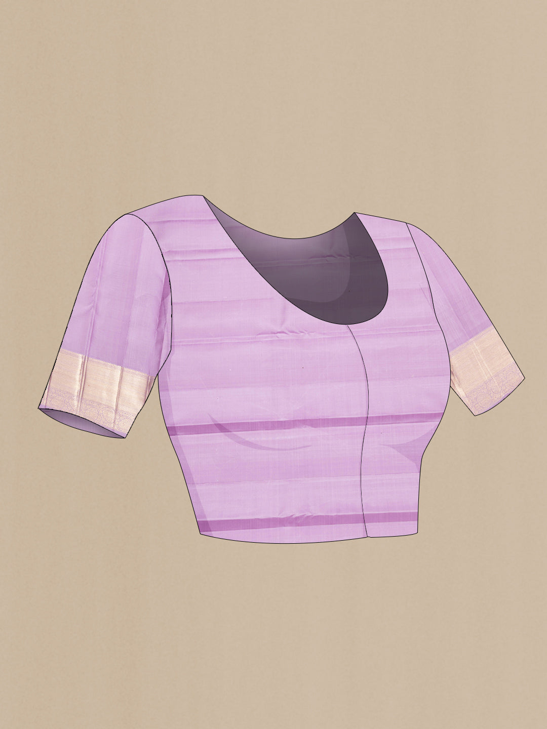 Close up image of the blouse of Pure Silk Lavender Kanchipuram Saree with Zari Brocade on the body and Zari Border. 