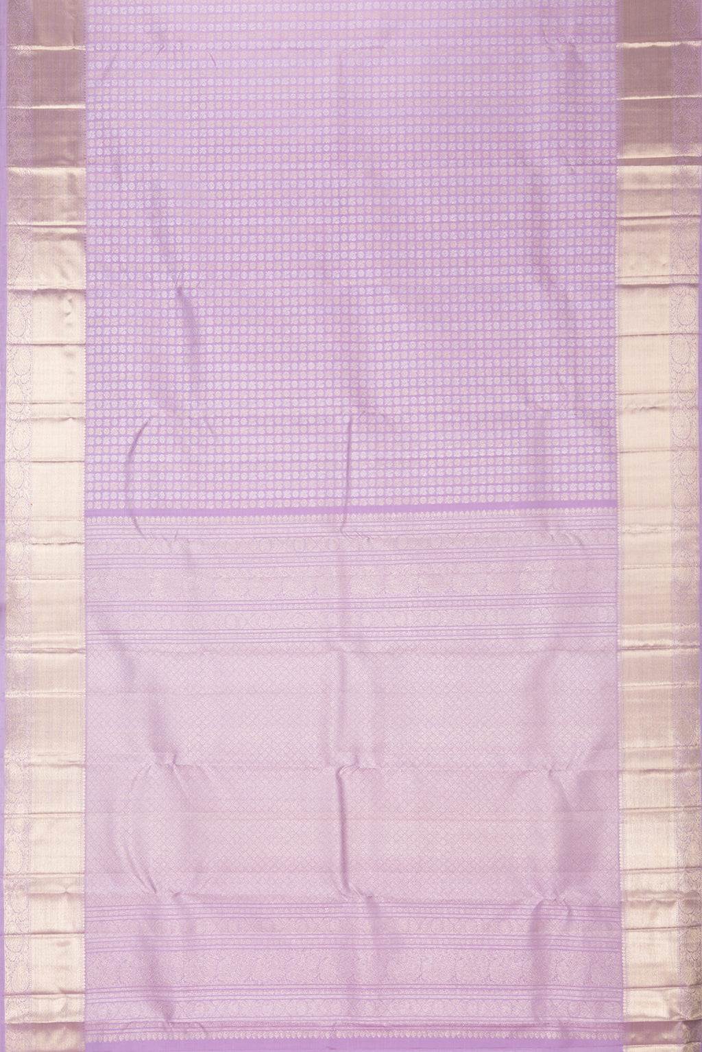 Flat view of Pure Silk Lavender Kanchipuram Saree with Zari Brocade on the body and Zari Border. 
