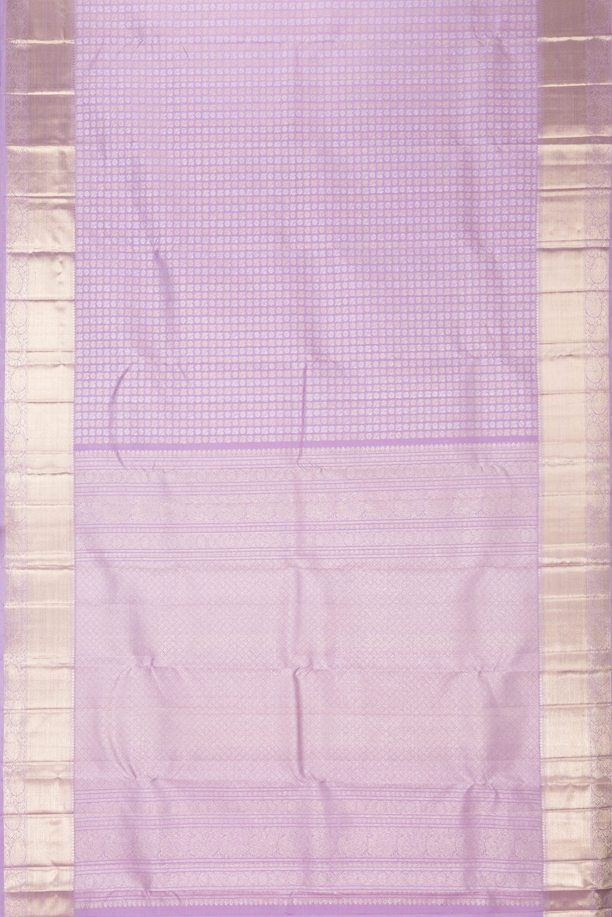 Flat view of Pure Silk Lavender Kanchipuram Saree with Zari Brocade on the body and Zari Border. 