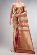 Pure Silk Coral  and Pista Green Color Kanchipuram Saree with Zari Brocade on the body and Without Border.  displayed on a mannequin