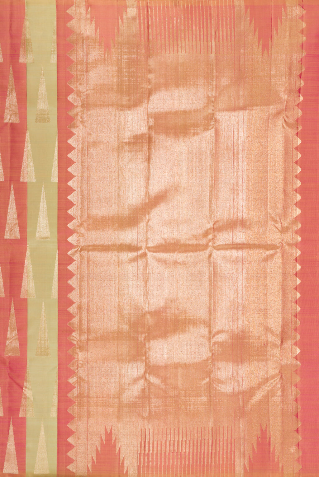 Close up image of the pallu of Pure Silk Coral  and Pista Green Color Kanchipuram Saree with Zari Brocade on the body and Without Border. 