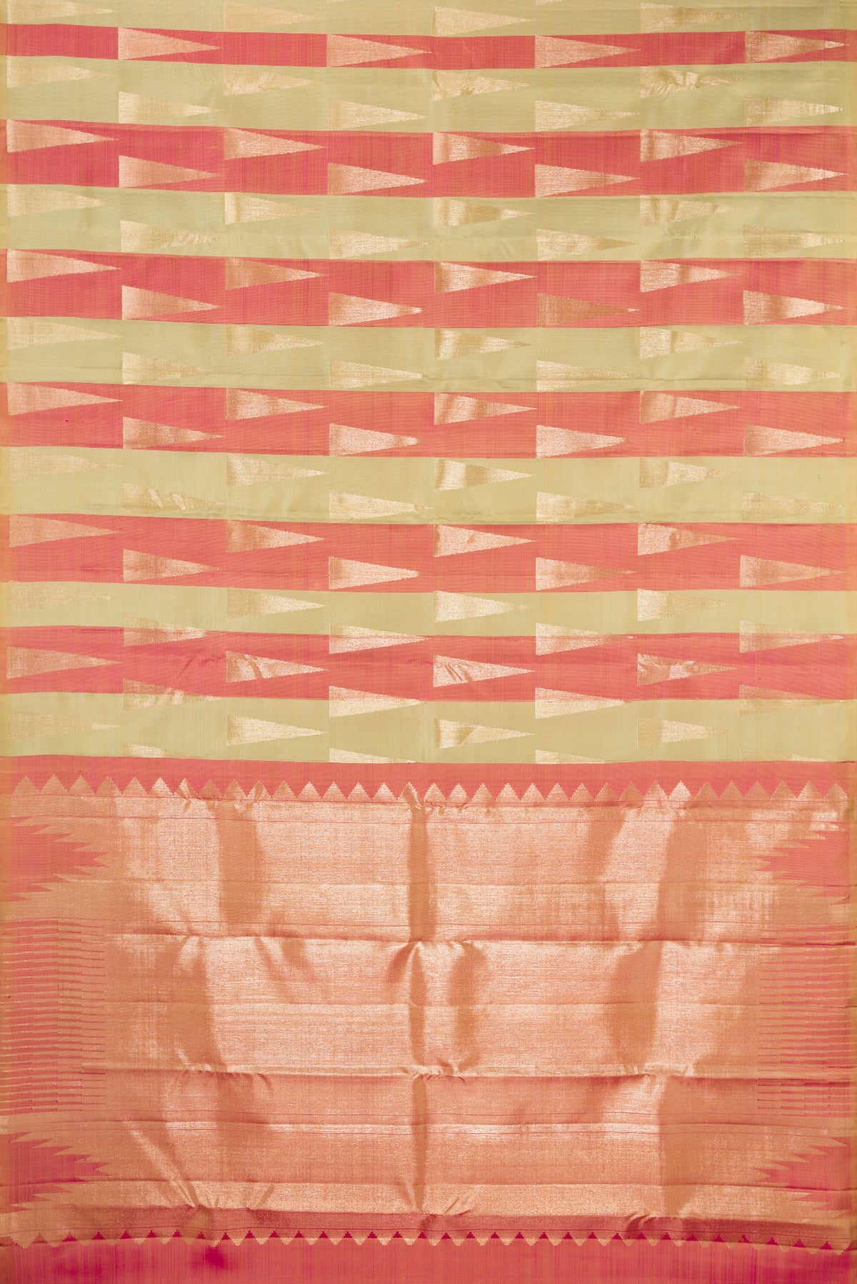 Flat view of Pure Silk Coral  and Pista Green Color Kanchipuram Saree with Zari Brocade on the body and Without Border. 