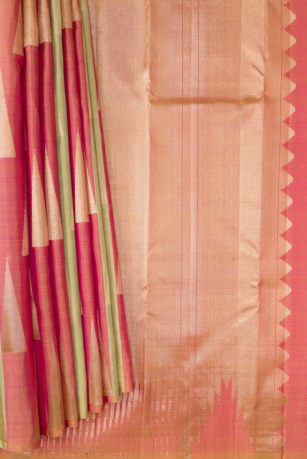 Pleats and pallu of Pure Silk Coral  and Pista Green Color Kanchipuram Saree with Zari Brocade on the body and Without Border. 