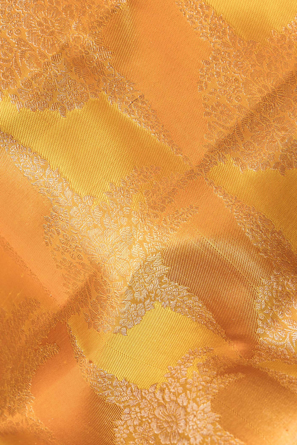 Close up of Pure Silk Mustard Dual Tone Kanjivaram Saree with Zari Brocade on the body and Zari Border.  displaying folds