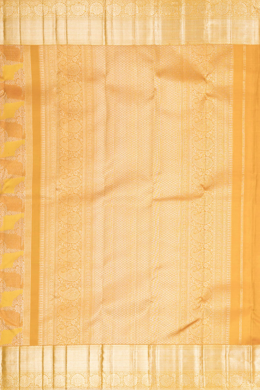 Close up image of the pallu of Pure Silk Mustard Dual Tone Kanjivaram Saree with Zari Brocade on the body and Zari Border. 