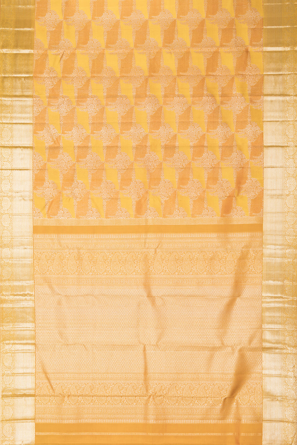 Flat view of Pure Silk Mustard Dual Tone Kanjivaram Saree with Zari Brocade on the body and Zari Border. 