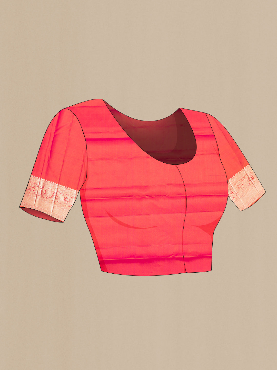 Close up image of the blouse of Pure Silk Orange Dual Tone Kanjivaram Saree with Zari Brocade on the body and Zari Border. 