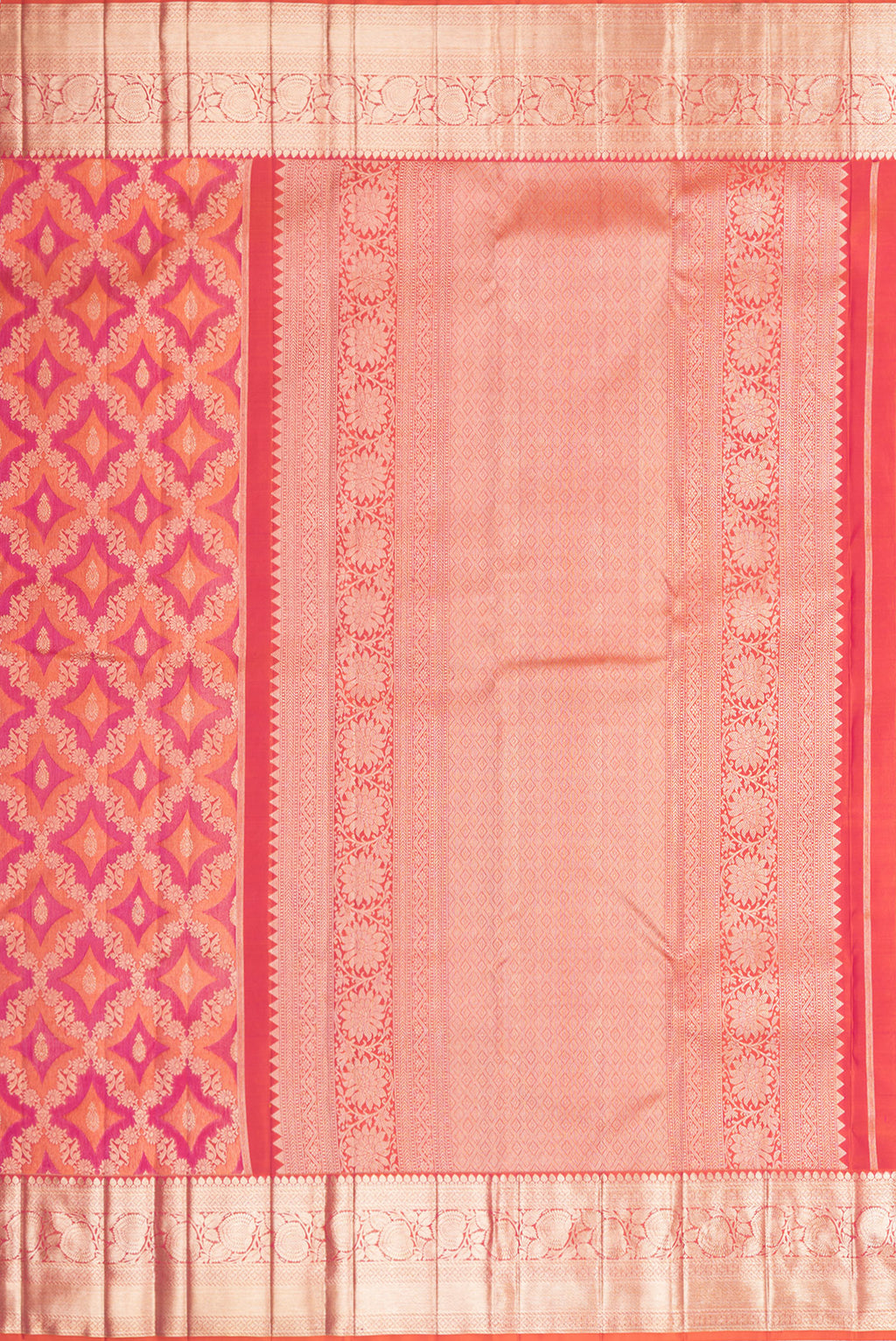 Close up image of the pallu of Pure Silk Orange Dual Tone Kanjivaram Saree with Zari Brocade on the body and Zari Border. 