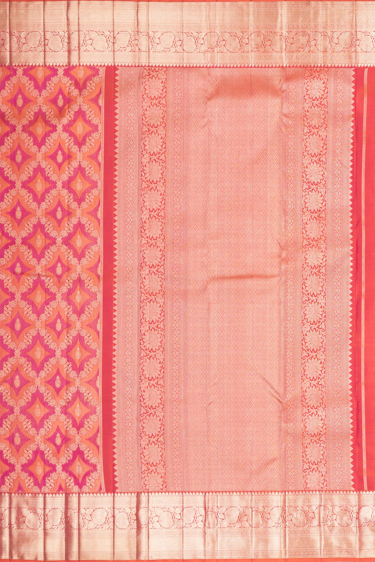 Close up image of the pallu of Pure Silk Orange Dual Tone Kanjivaram Saree with Zari Brocade on the body and Zari Border. 