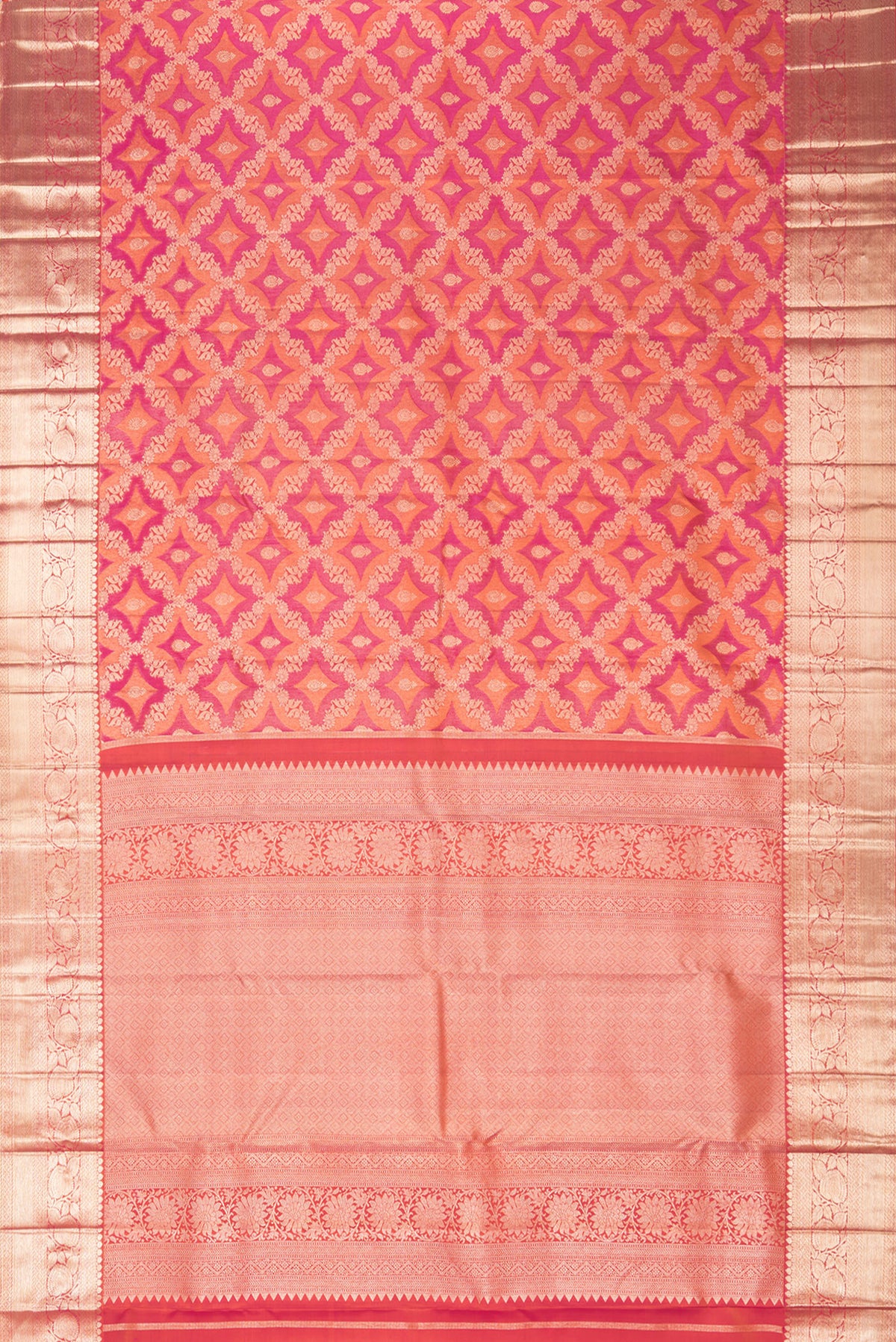 Flat view of Pure Silk Orange Dual Tone Kanjivaram Saree with Zari Brocade on the body and Zari Border. 