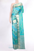 Pure Silk Sea Green and Sky Blue Color Kanjivaram Saree with Zari Brocade on the body and Fancy Border.  displayed on a mannequin