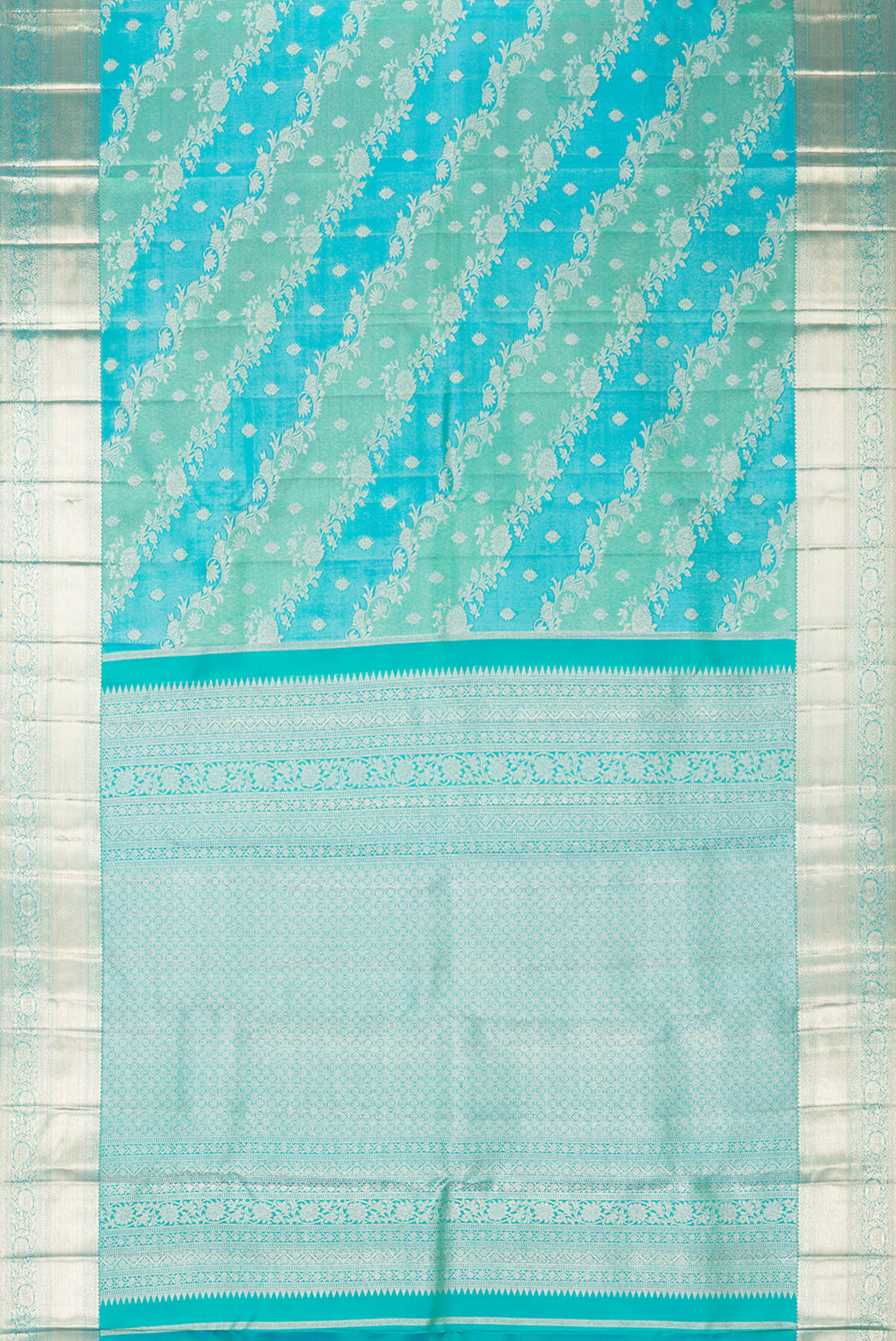 Flat view of Pure Silk Sea Green and Sky Blue Color Kanjivaram Saree with Zari Brocade on the body and Fancy Border. 