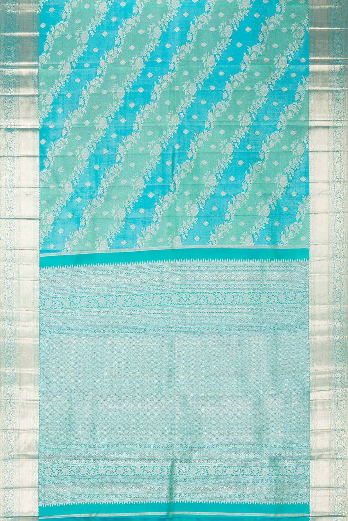 Flat view of Pure Silk Sea Green and Sky Blue Color Kanjivaram Saree with Zari Brocade on the body and Fancy Border. 