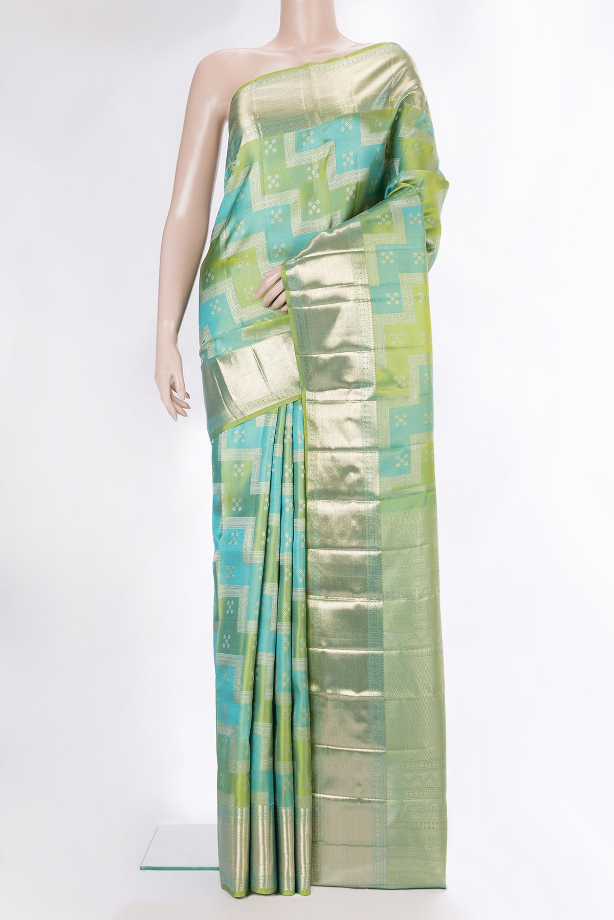 Pure Silk Green and Turquoise Color Kanjivaram Saree with Zari Brocade on the body and Zari Border.  displayed on a mannequin