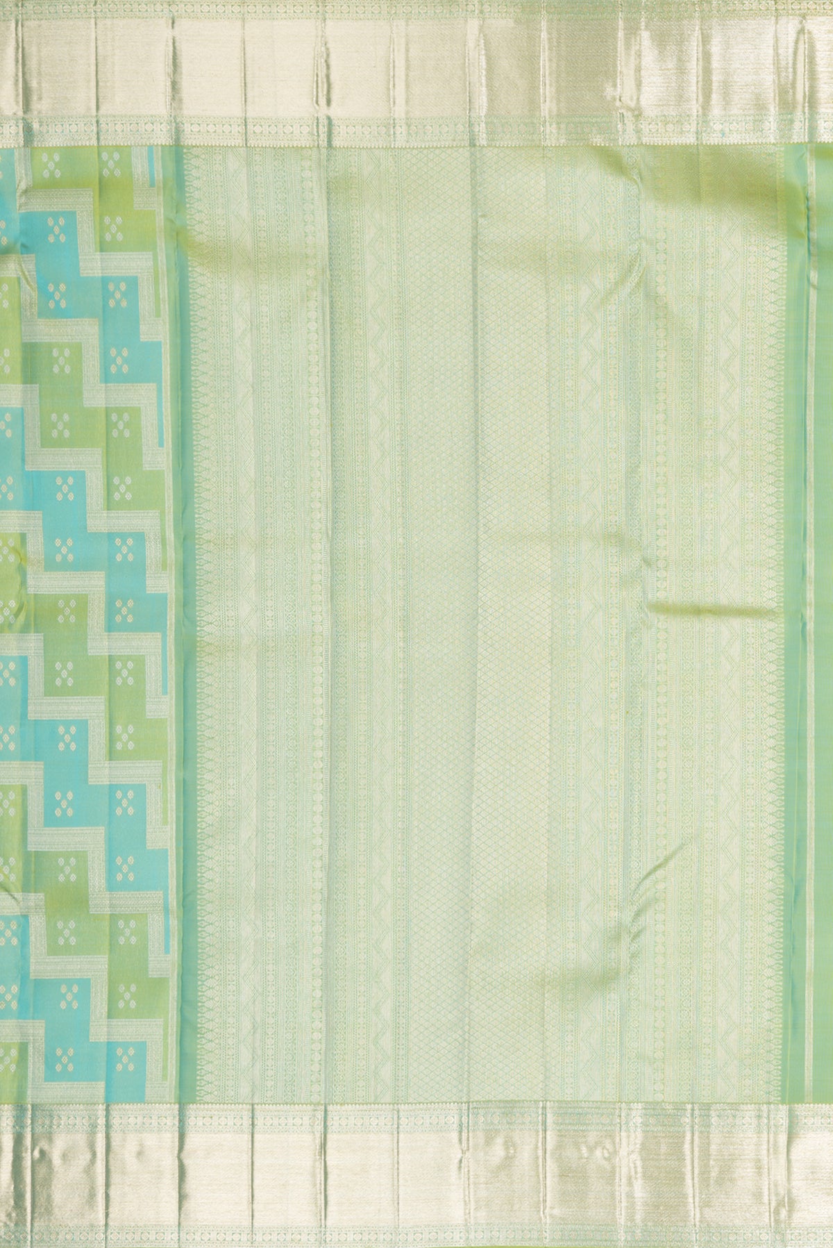 Close up image of the pallu of Pure Silk Green and Turquoise Color Kanjivaram Saree with Zari Brocade on the body and Zari Border. 