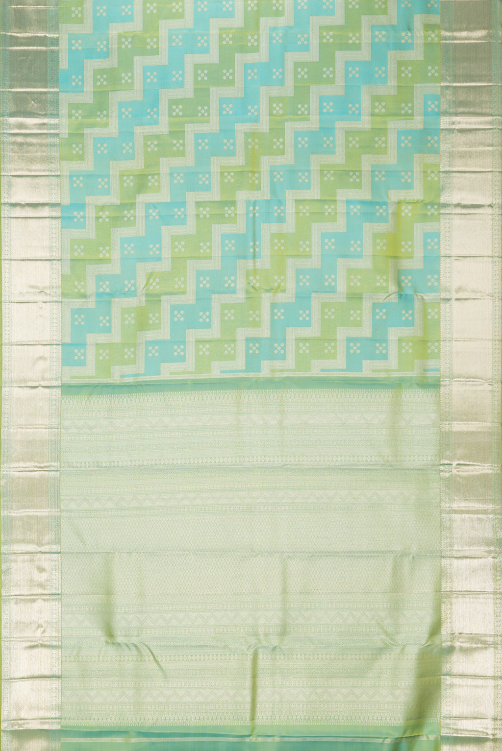 Flat view of Pure Silk Green and Turquoise Color Kanjivaram Saree with Zari Brocade on the body and Zari Border. 