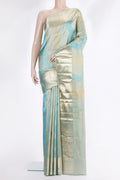 Pure Silk Sky Blue and Gold Color Kanjivaram Saree with Zari Brocade on the body and Zari Border.  displayed on a mannequin