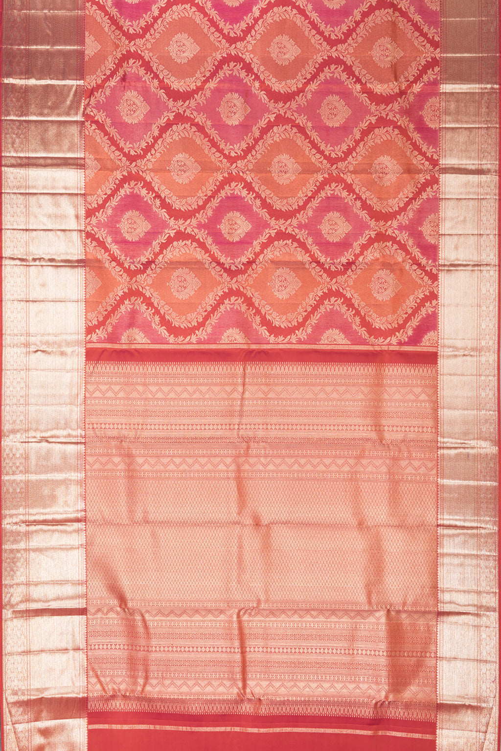 Flat view of Pure Silk Orange Dual Tone Kanjivaram Saree with Zari Brocade on the body and Zari Border. 