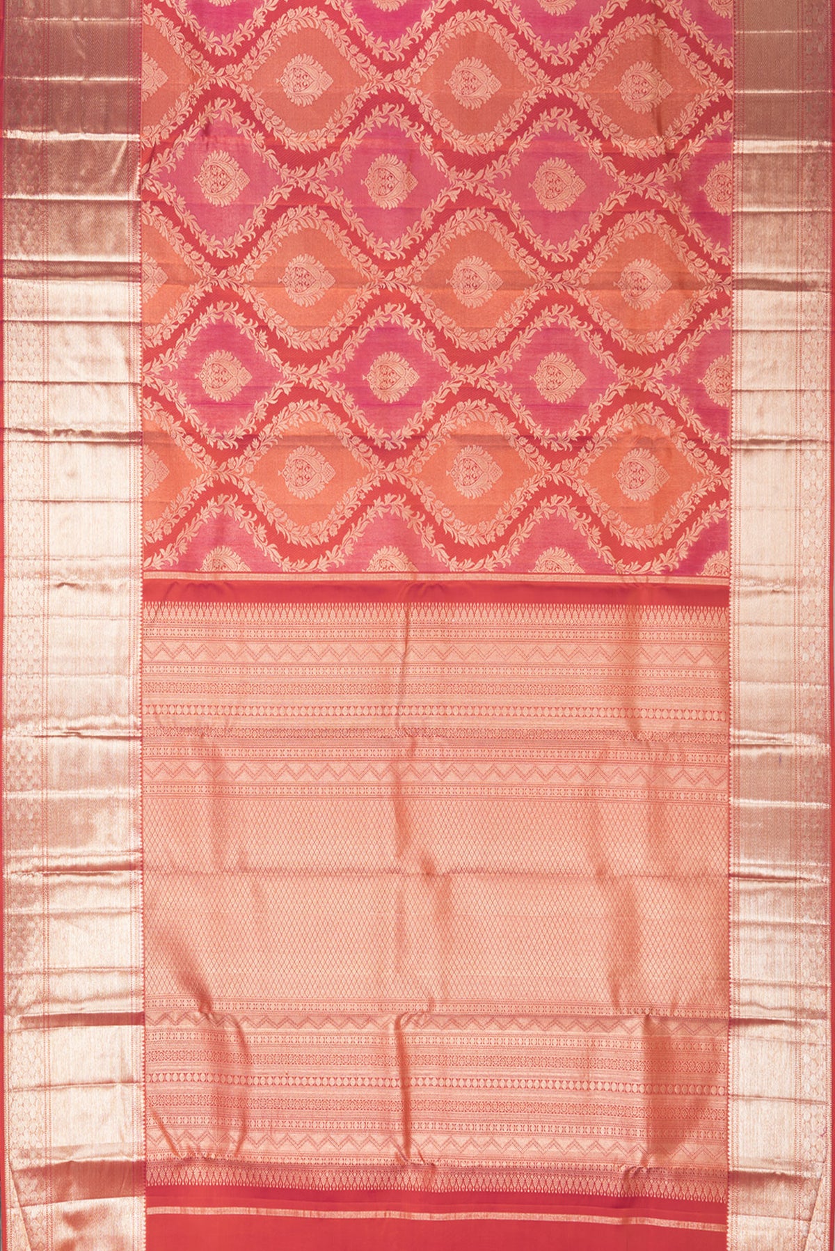 Flat view of Pure Silk Orange Dual Tone Kanjivaram Saree with Zari Brocade on the body and Zari Border. 