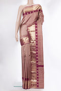 Pure Silk Maroon Kanjivaram Saree with Zari Brocade on the body and Fancy Border.  displayed on a mannequin
