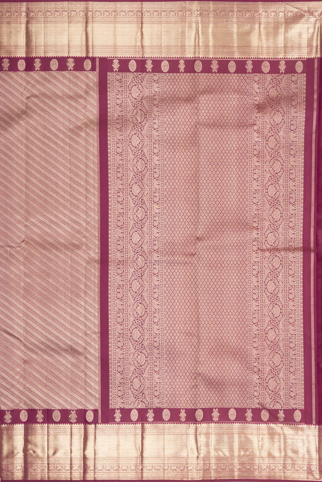 Close up image of the pallu of Pure Silk Maroon Kanjivaram Saree with Zari Brocade on the body and Fancy Border. 