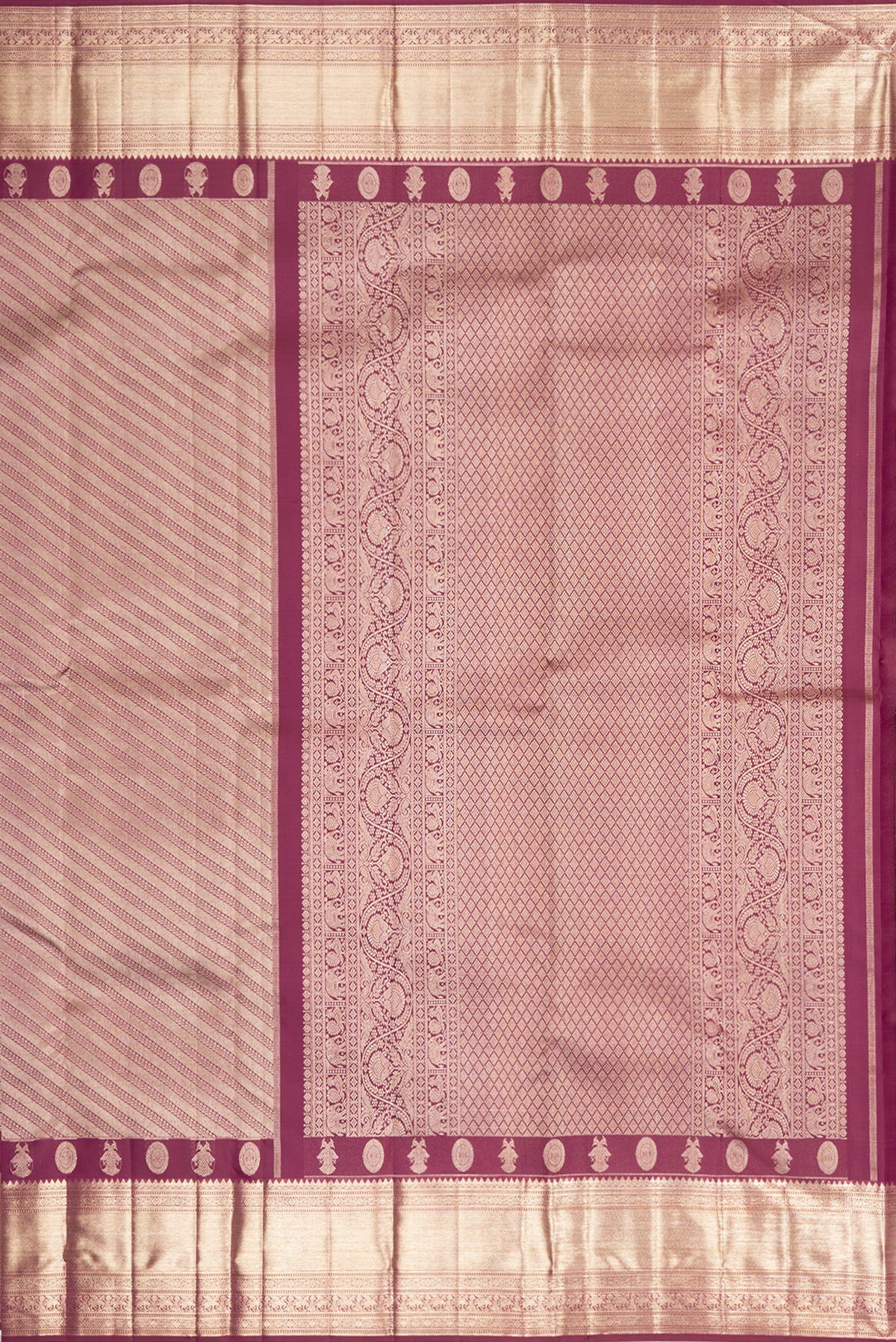 Close up image of the pallu of Pure Silk Maroon Kanjivaram Saree with Zari Brocade on the body and Fancy Border. 